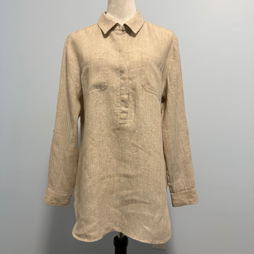 Chicos 1 Long Sleeve 100% Linen Textured Beige Blouse‎ Size M